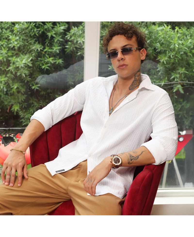 Men's Powder White Solid Creased Shirt