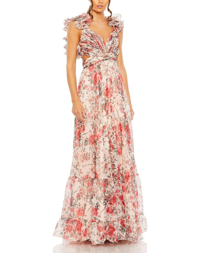 Women's Ruffle Tiered Floral Cut-Out Chiffon Gown
