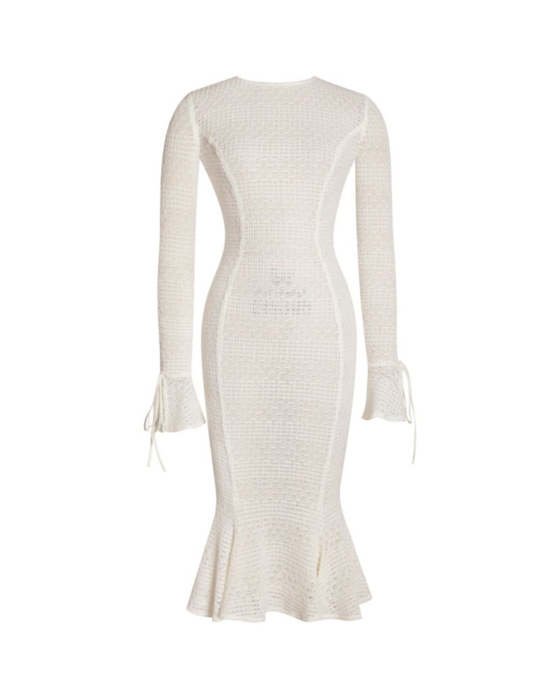 Women's Pamina Beige Crochet Long Sleeve Flare Mermaid Dress