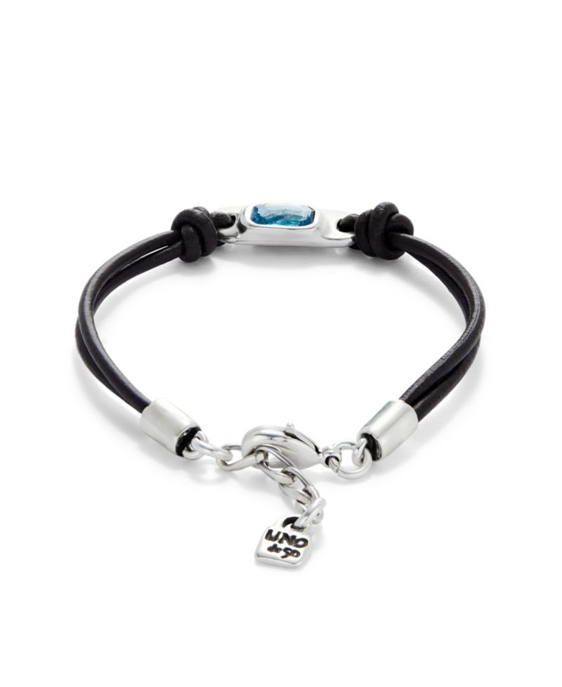 Leather and Metal Alloy Bracelet, plated in Sterling Silver, with Blue Faceted Glass