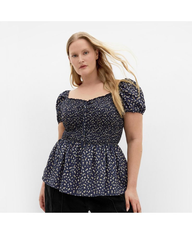 Plus Size Azure Shirred Print Top