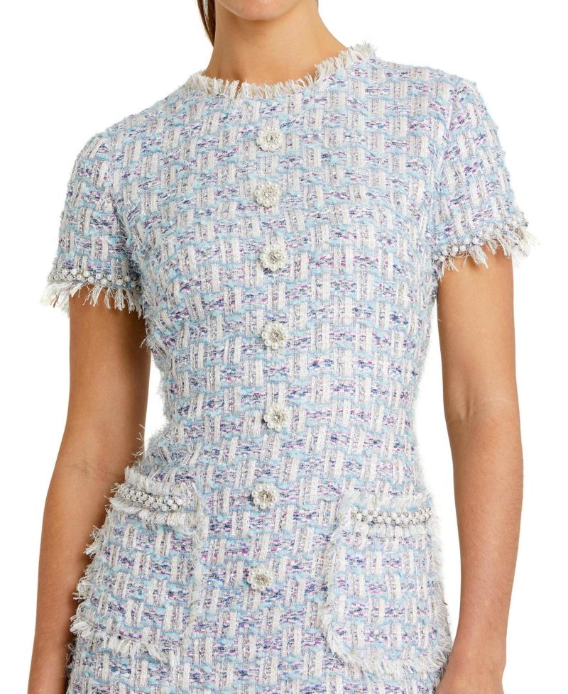 Women's Floral Buttons and Pearl Detailing Boucle Shift Dress