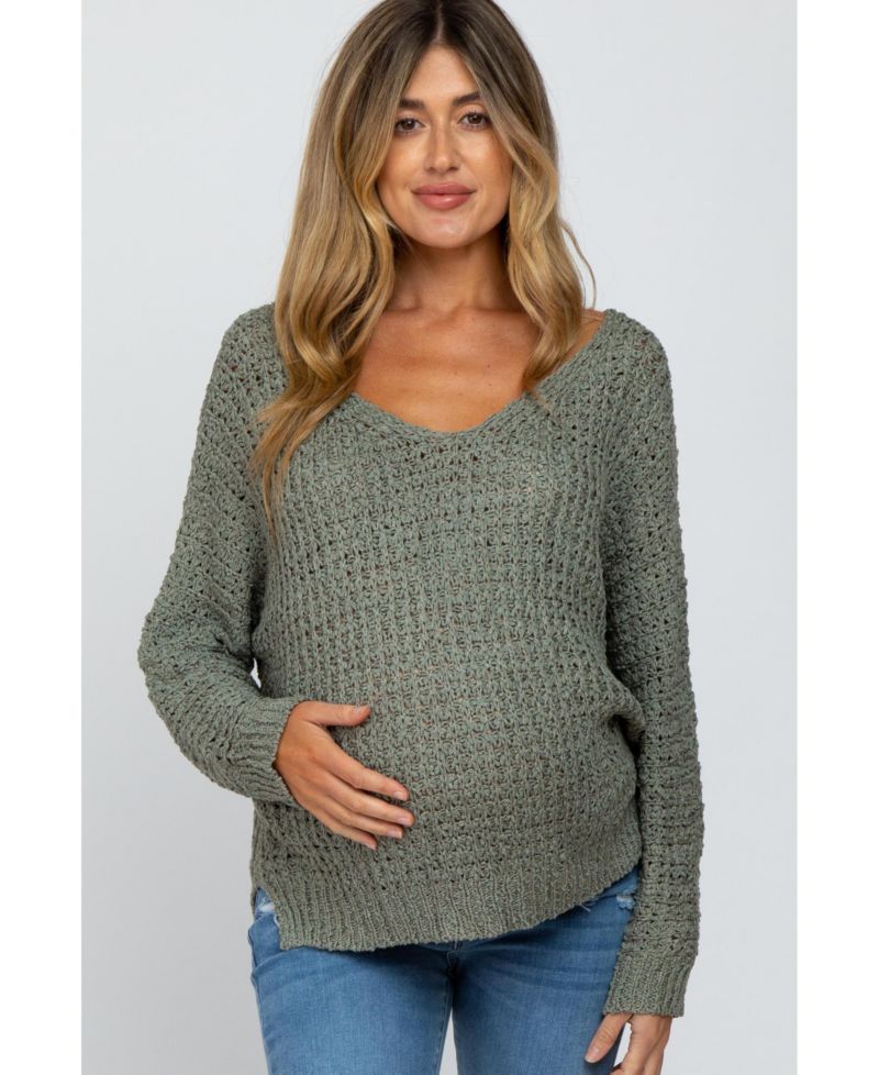 Women's Olive V-Neck Side Slit Thick Knit Sweater