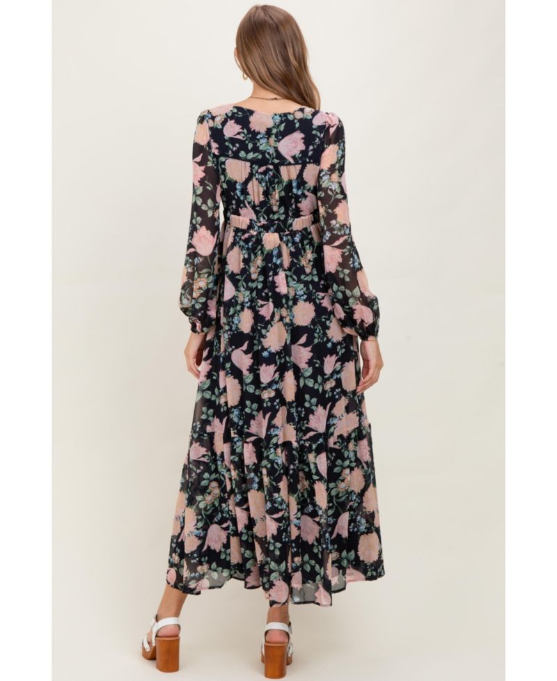 Women's Navy Floral Chiffon Bow Tie Front Maxi Dress