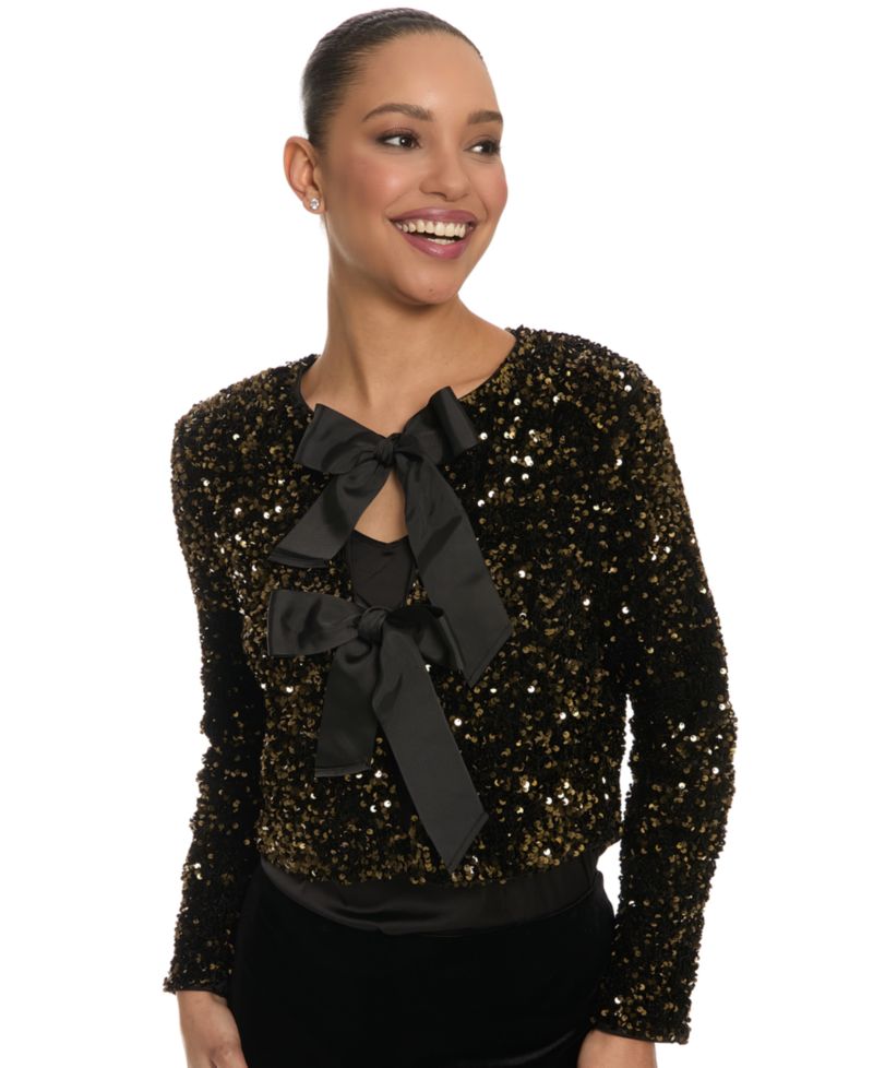 Women's Kennedy Sequin Double Satin Bow Long-Sleeve Cardigan