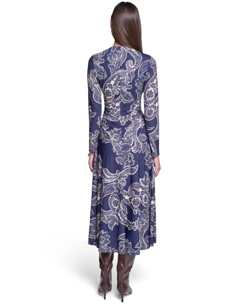 Women's Long-Sleeve Paisley-Print A-Line Midi Dress