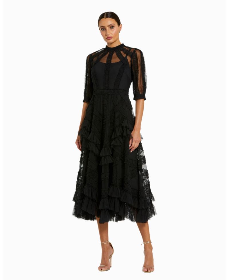 Women's High Neck Puff Sleeve Ruffle Tiered Dress