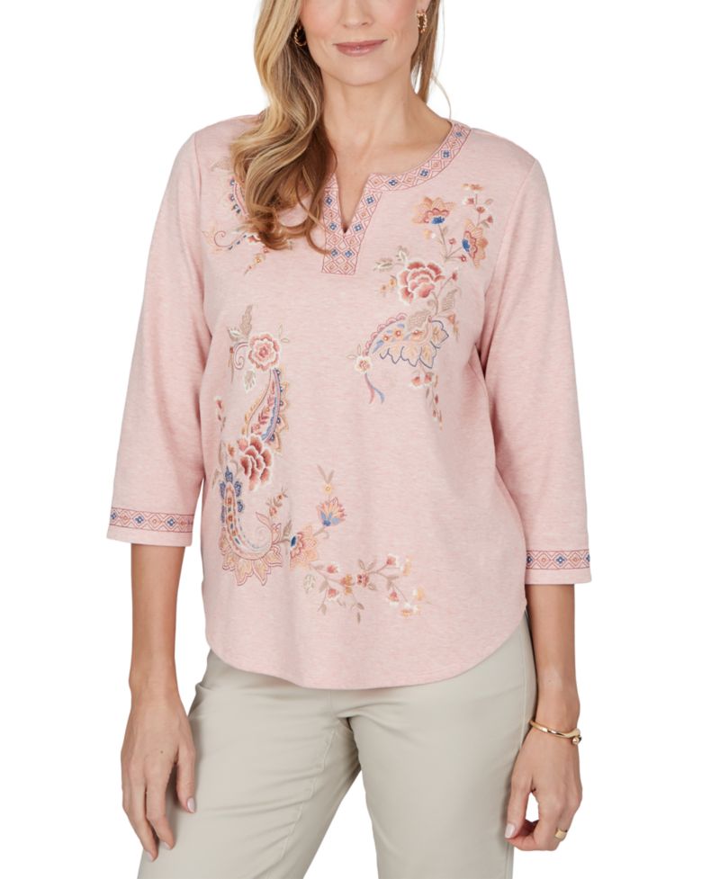 Petite 3/4-Sleeve Floral-Embroidered Henley Blouse