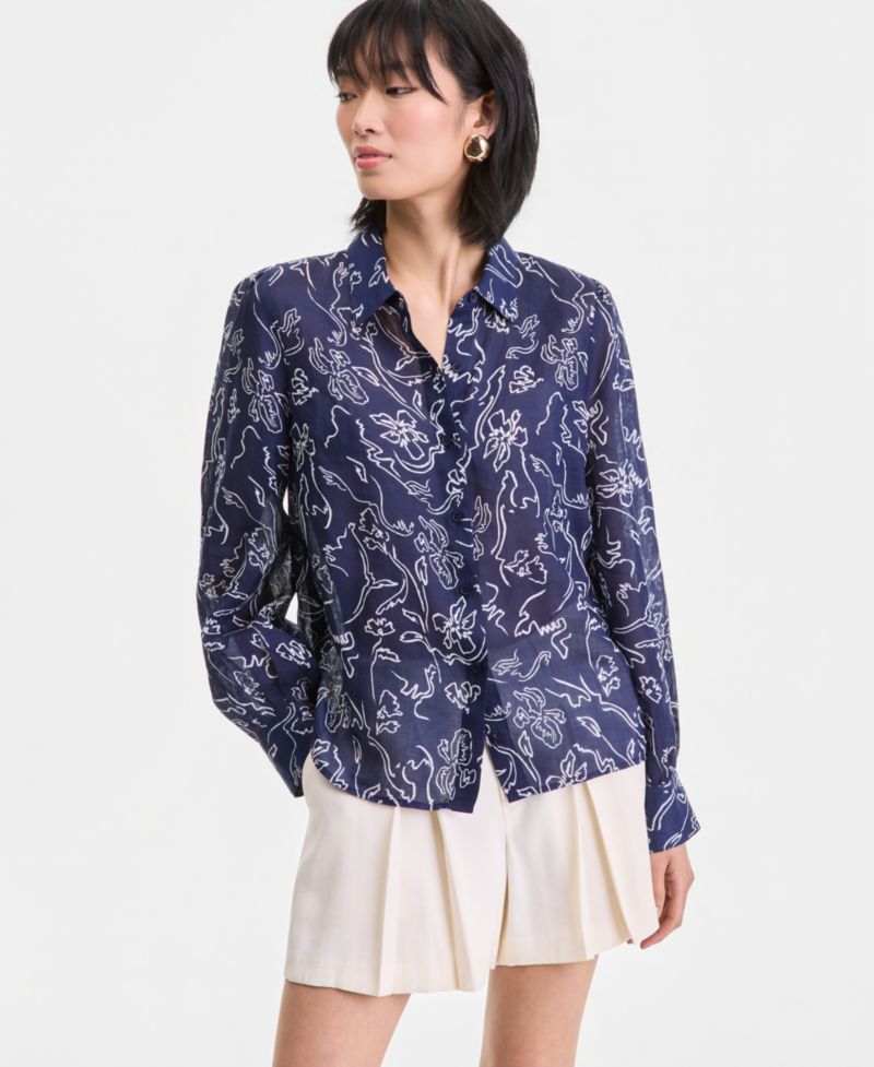 Petite Long Sleeve Printed Ramie Button Down Shirt