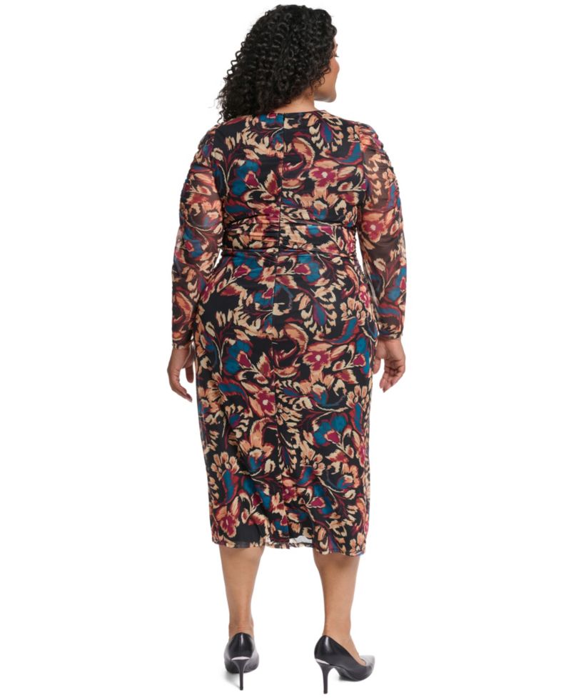 Plus Size Ptd Mesh Twist Neck Body Floral-Print Turtleneck Dress