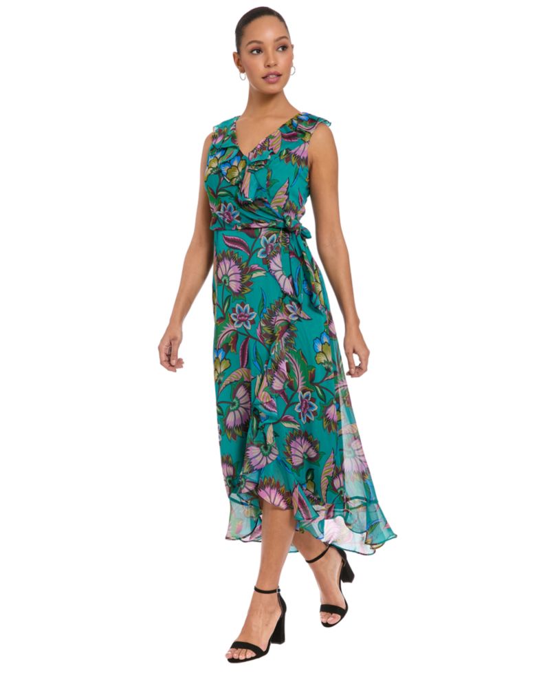 Women's Side Tie Ruffle Wrap High-Low Floral-Print Dress