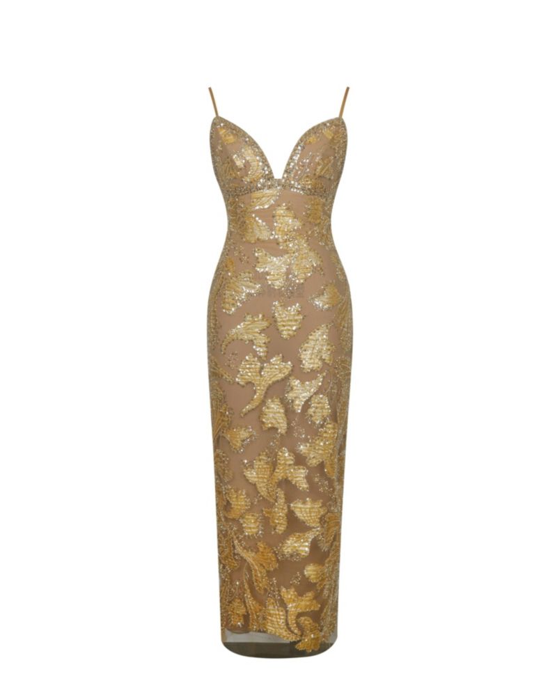 Women's Edie Gold Beaded Sequin Midi Pencil Dress