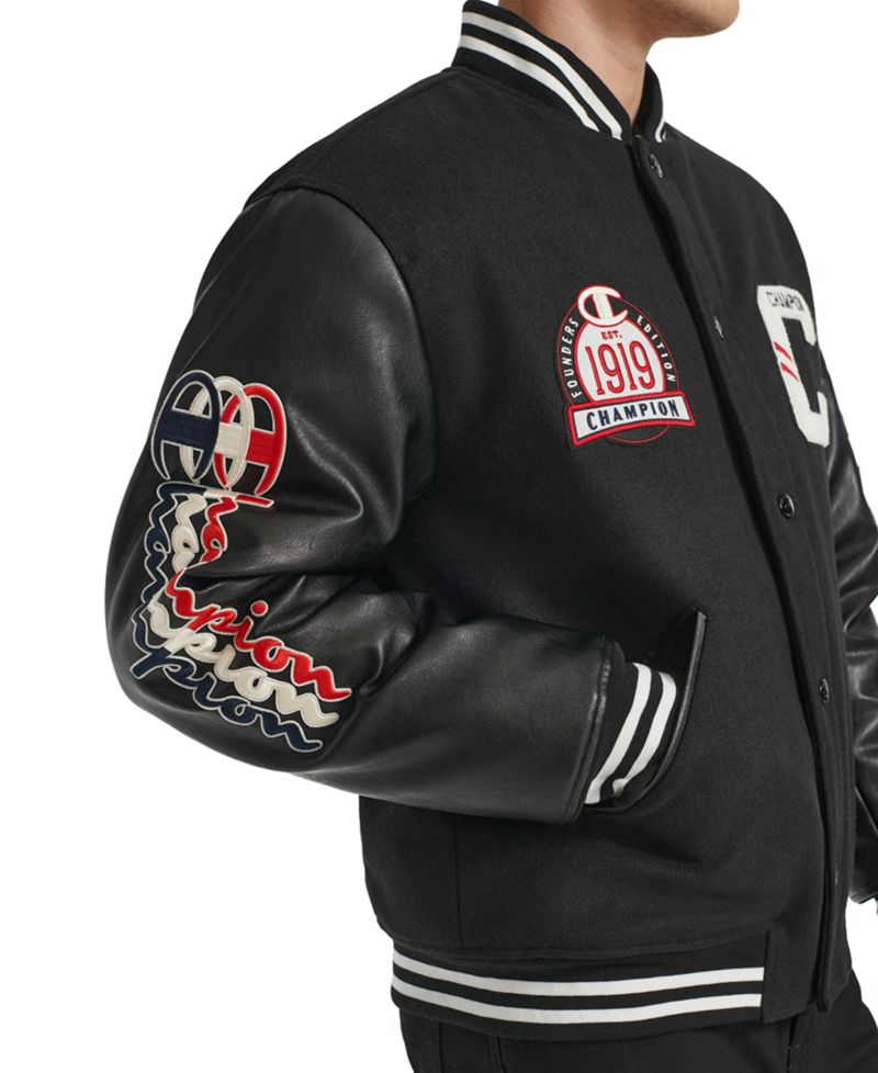 Men's Logo-Patch Mixed-Media Varsity Jacket