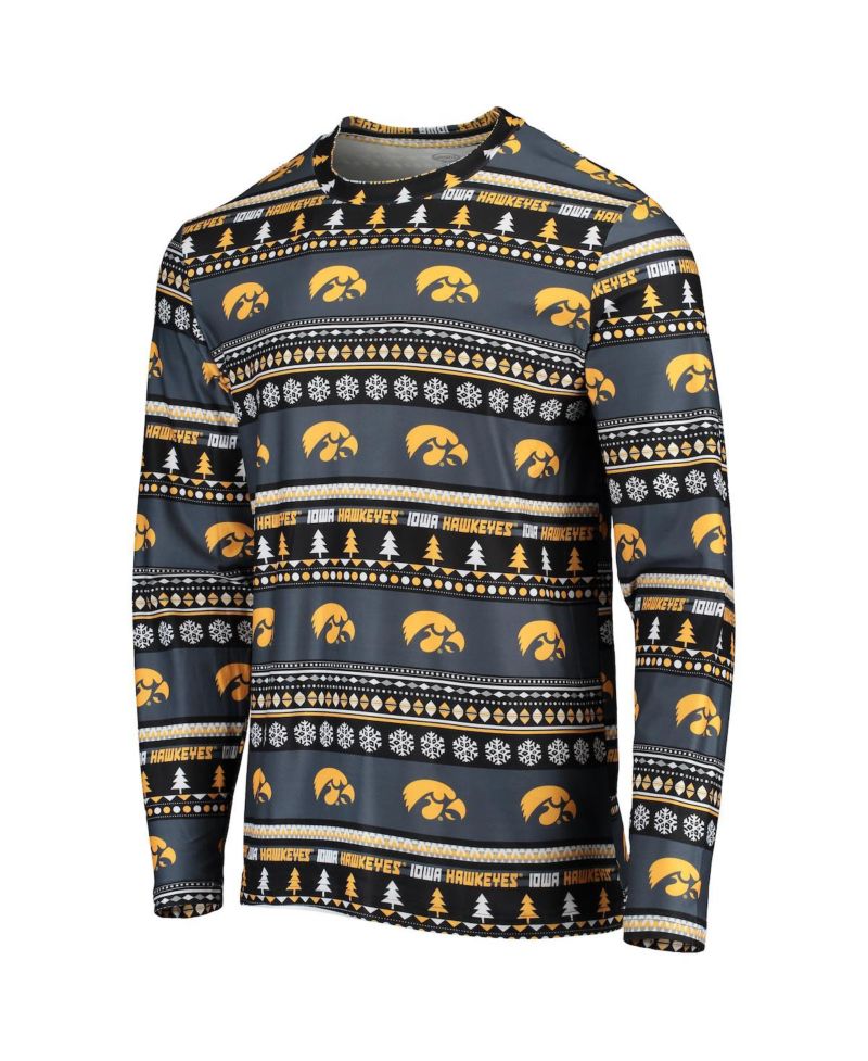 Men's Black Iowa Hawkeyes Ugly Sweater Long Sleeve T-shirt and Pants Sleep Set