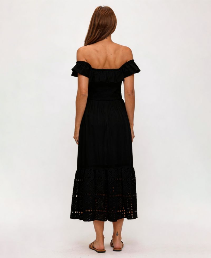 Women's Off-The-Shoulder Flounced Smocked Midi Dress
