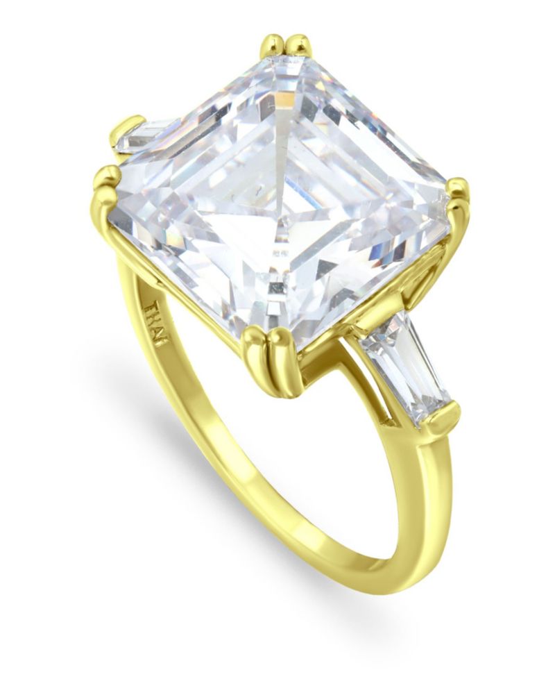 Cubic Zirconia Asscher Cut Center Stone Ring in Gold Plate