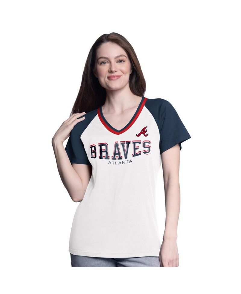 Women's White/Navy Atlanta Braves Ball Park Raglan V-Neck T-Shirt