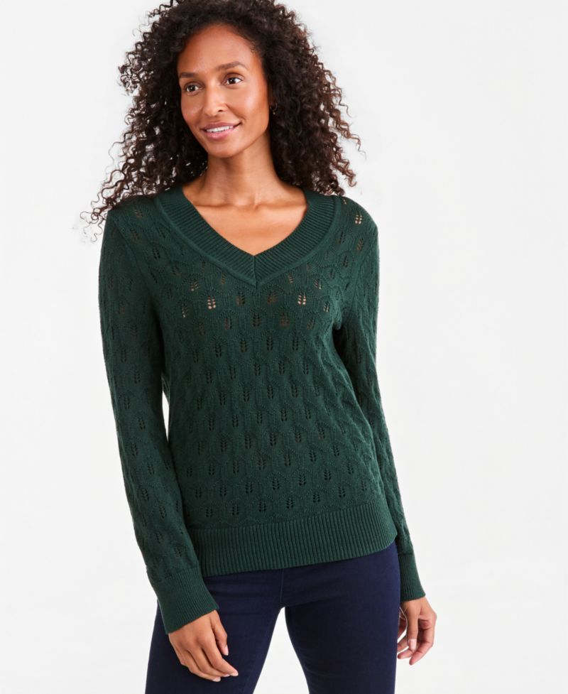 Petite Pointelle V-Neck Cotton Sweater