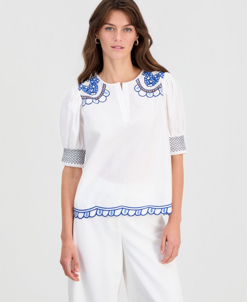 Women's Cotton Embroidered-Trim Split-Neck Top