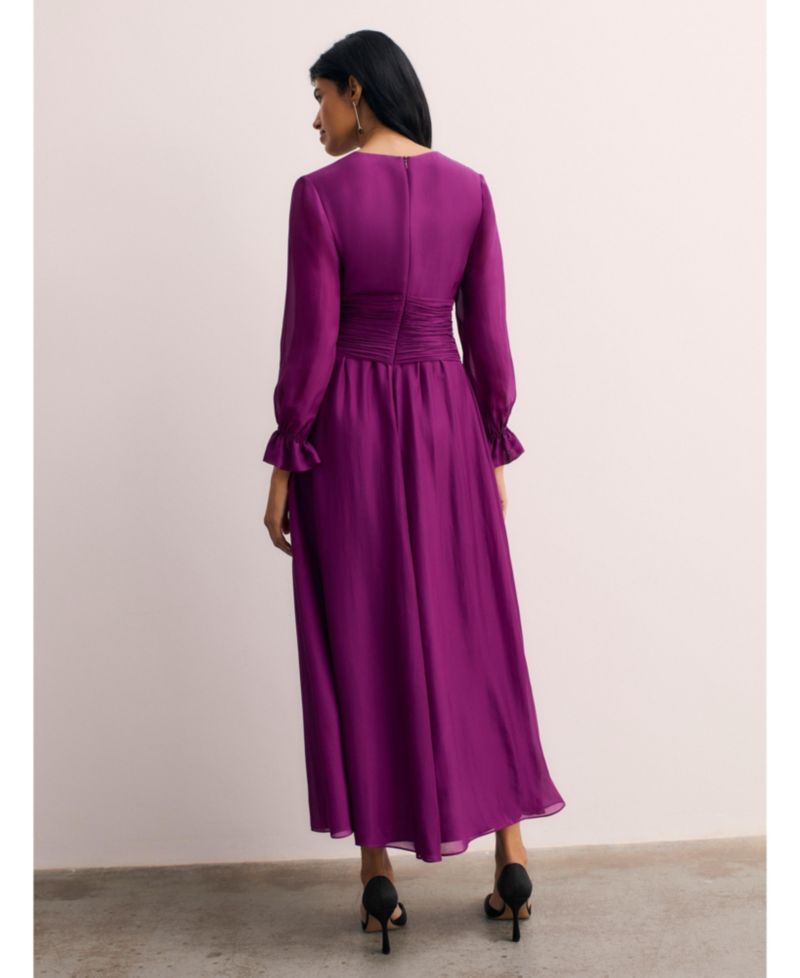Women's Sculpted Silk Long-Sleeve V-Neck Ruched-Waist Wrap Midi Dress