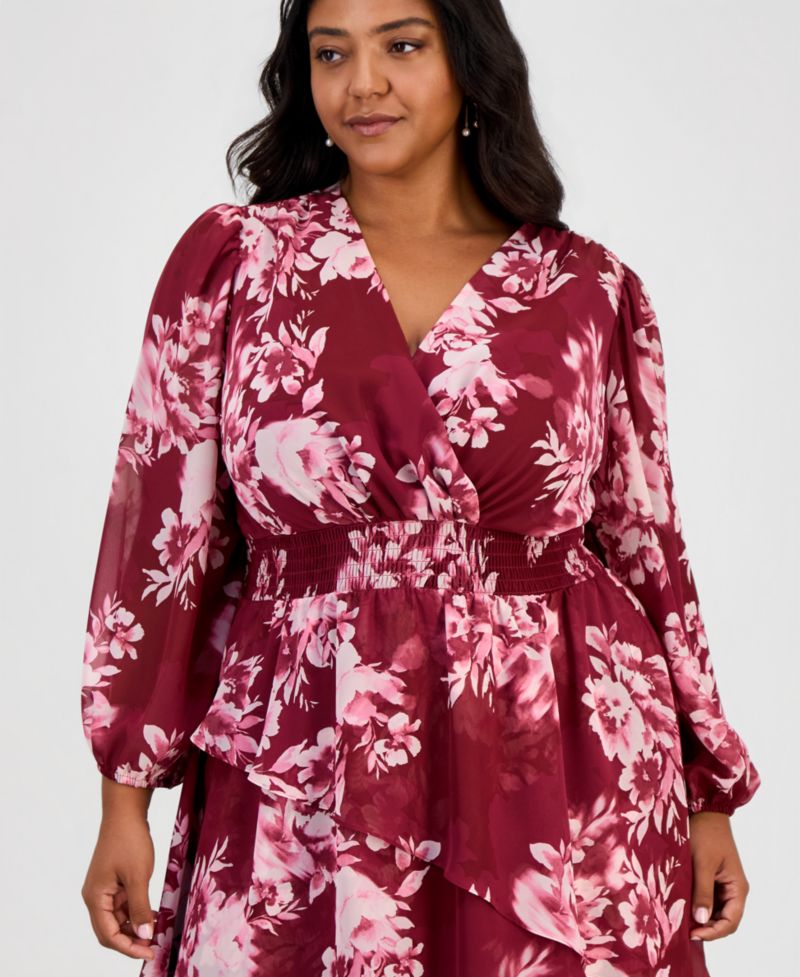 Plus Size Long-Sleeve V-Neck Tiered Midi Dress
