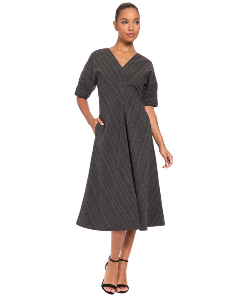 Women's 3/4 Puff-Sleeve V-Neck Striped Fit-and-Flare Midi Dress