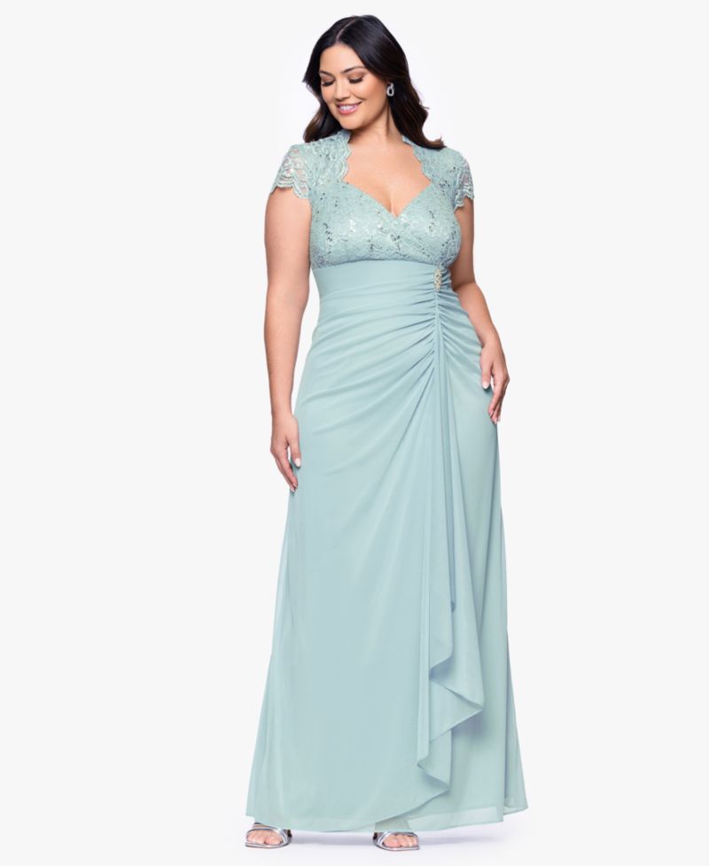 Plus Size Sequined-Lace Ruched Gown