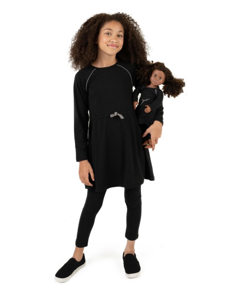 Girls Matching Girl & Doll Drawstring Cinch-Waist Long Sleeve Dress