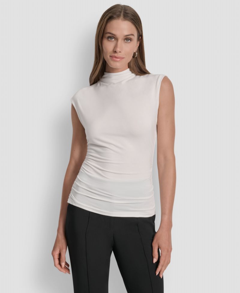 Petite Mock-Neck Sleeveless Side-ruched Knit Top