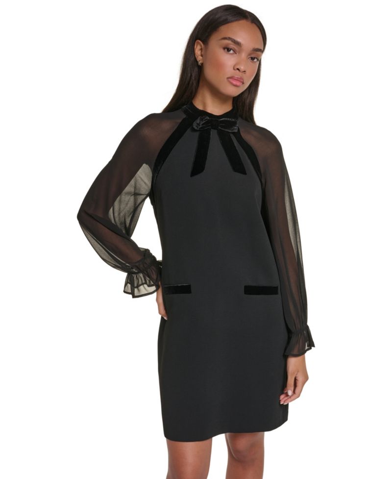 Petite Velvet Bow Mock Neck Long-Sleeve Dress