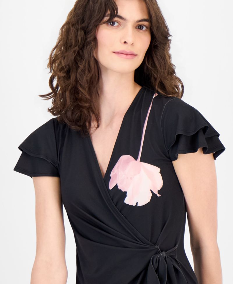 Women's Flutter-Sleeve Faux-Wrap Dress