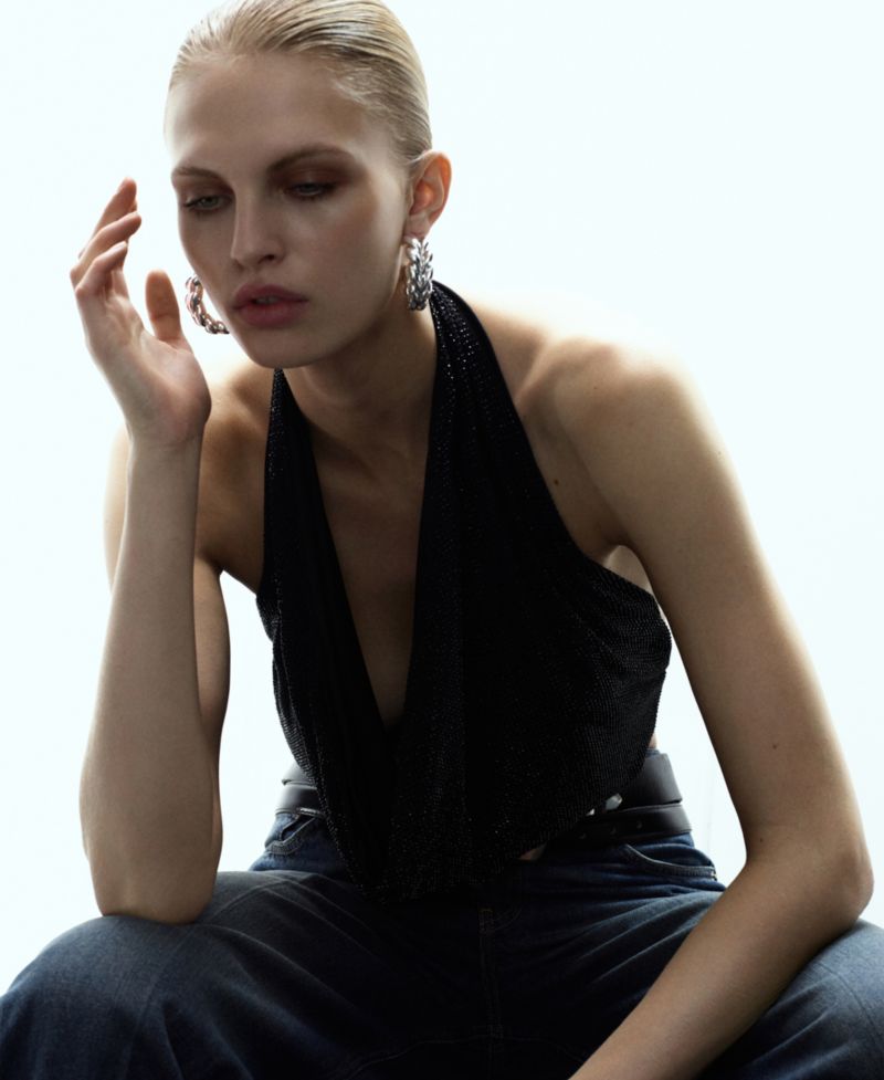 Women's Draped Crystal Neckline Top