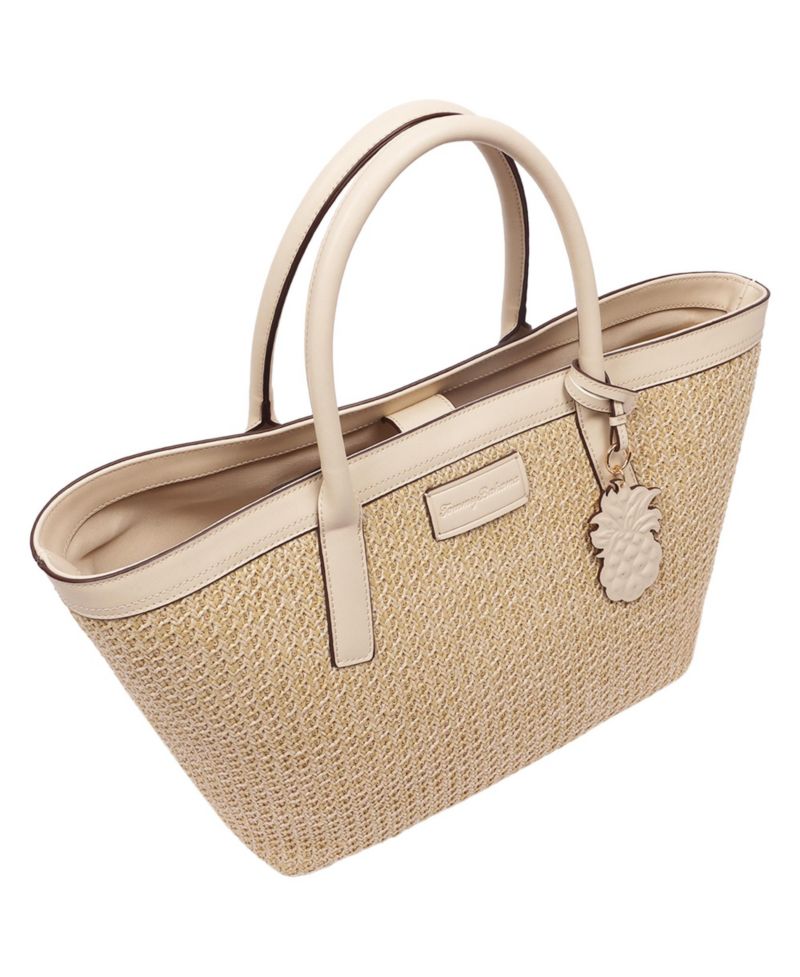Raffia and PU Large Logo Tote - Woven Straw Beach Tote with Pineapple Charm