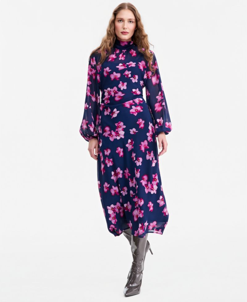 Women's Floral-Print A-Line Mock-Neck Midi Dress