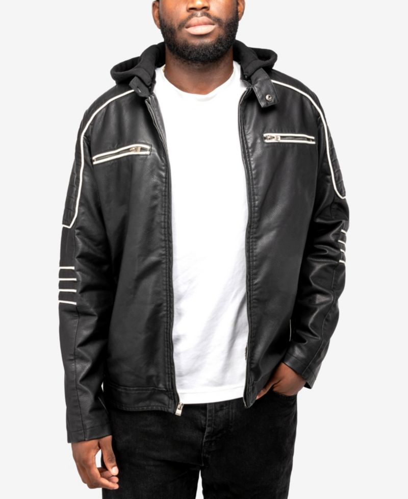XRAY Men's Grainy PU Moto Jacket With Hood and Faux Shearling Lining