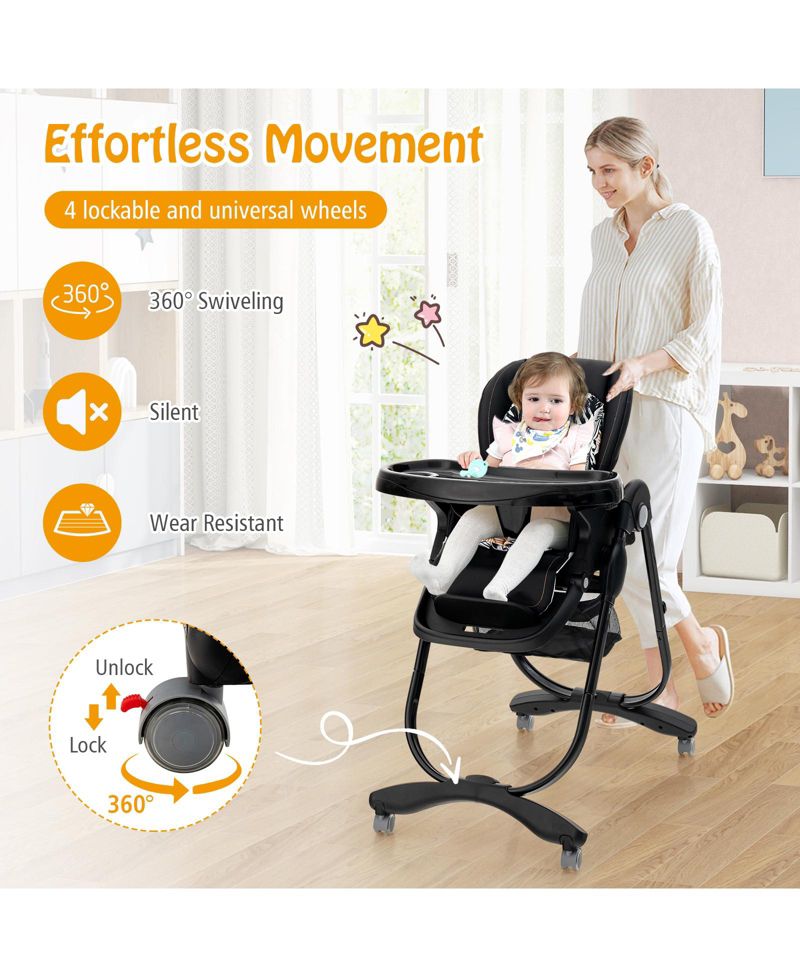 Kids Multifunctional Folding High Chair with Rolling Wheels and Adjustable Height
