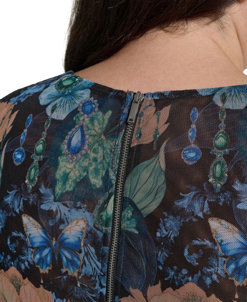 Plus Size Mixed Media Mesh Long-Sleeve Dress