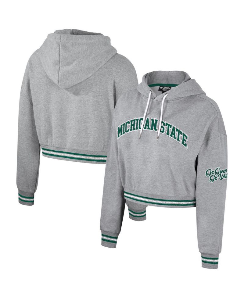 Women's Heather Gray Distressed Michigan State Spartans Cropped Shimmer Pullover Hoodie