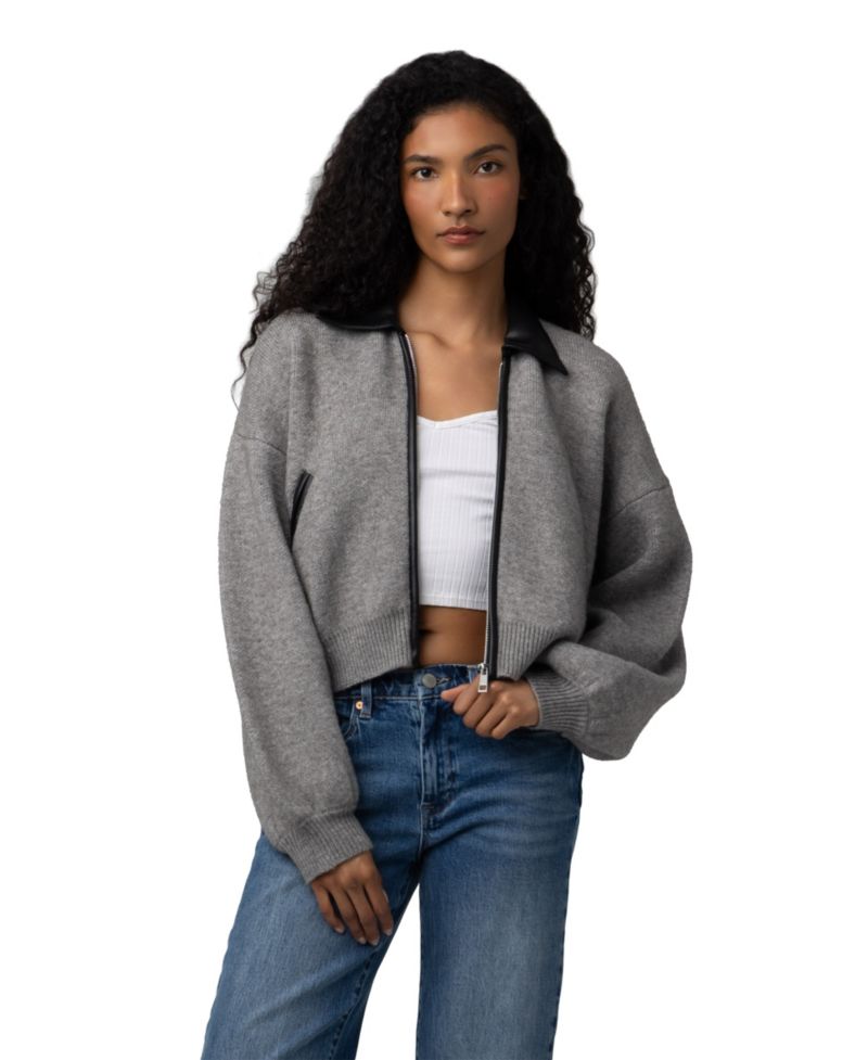 Women's Cropped Full Zip Faux Leather Trim Cardigan Sweater