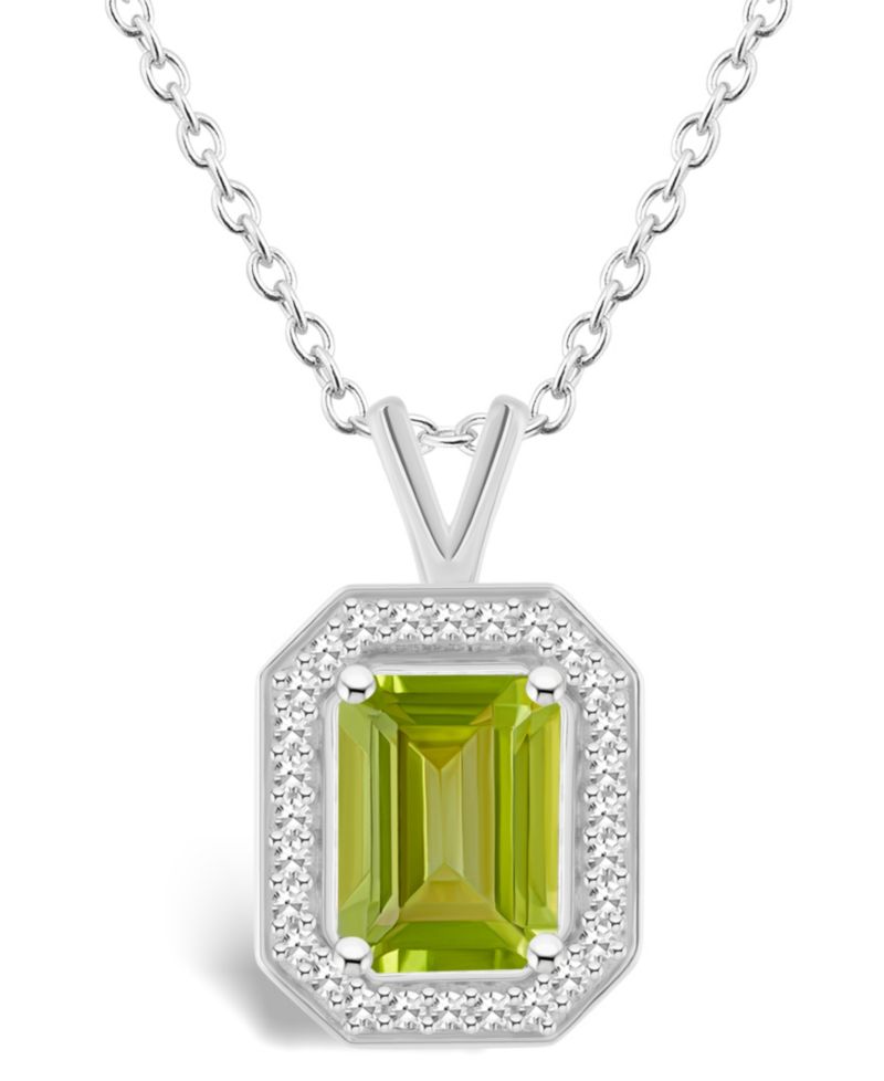 Peridot (1-2/3 ct. t.w.) and Diamond (1/7 ct. t.w.) Halo Pendant Necklace in Sterling Silver