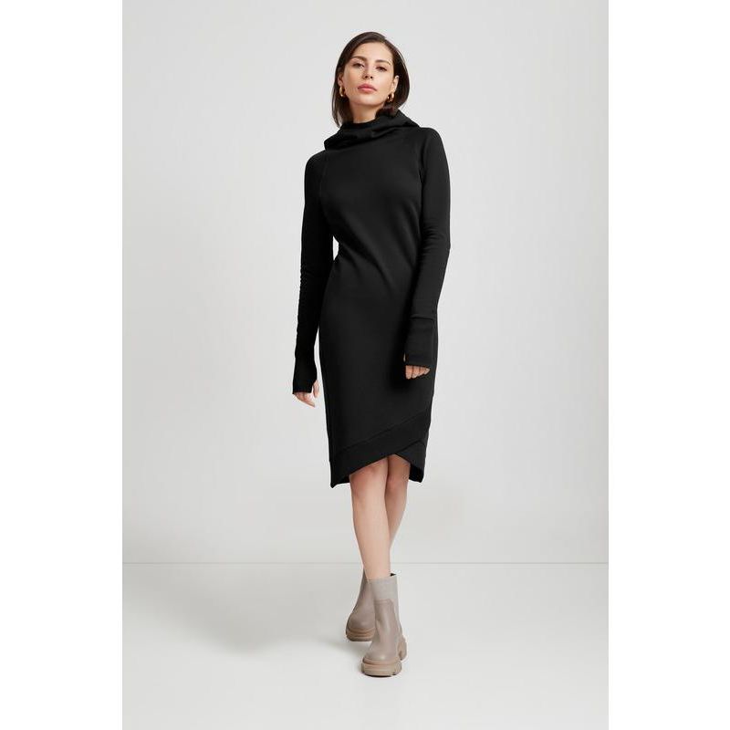 Women's Walker Hooded Midi Sweatshirt Dress with Layered Tulip Hem