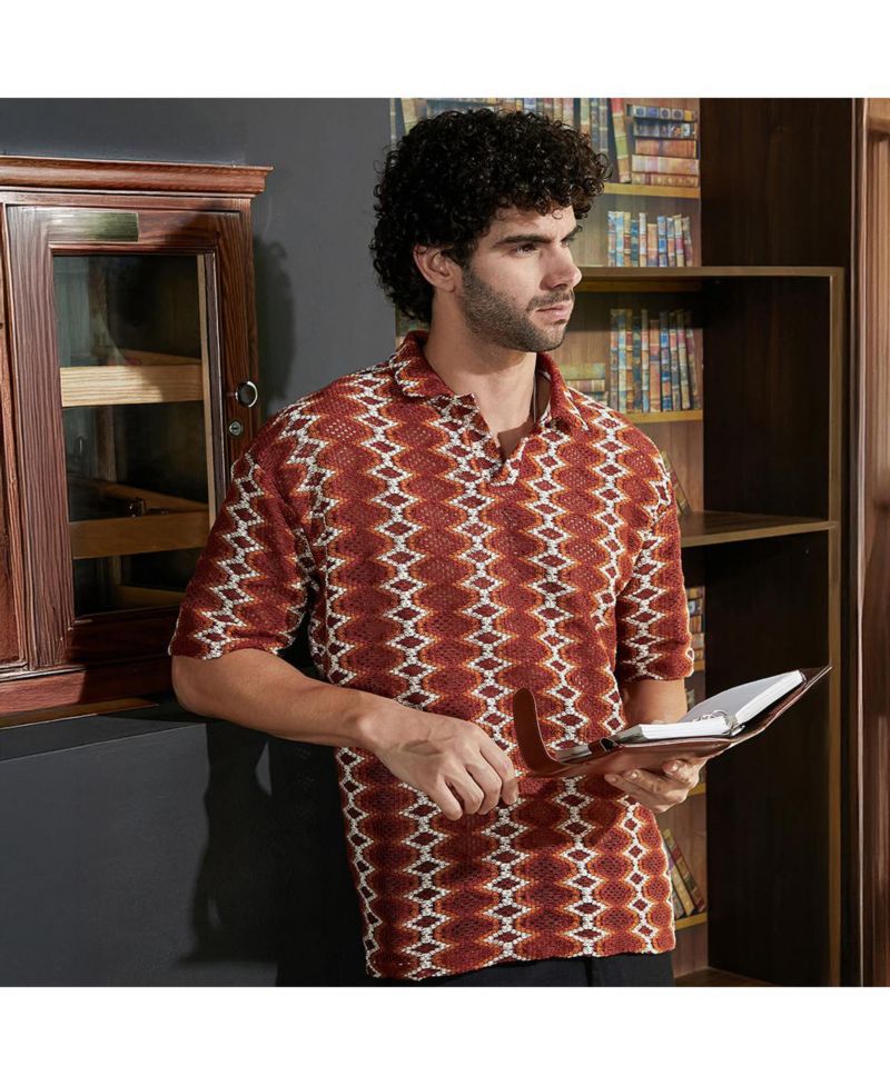 Men's Burnt Sienna Folk-Logenze Oversized Polo T-Shirt