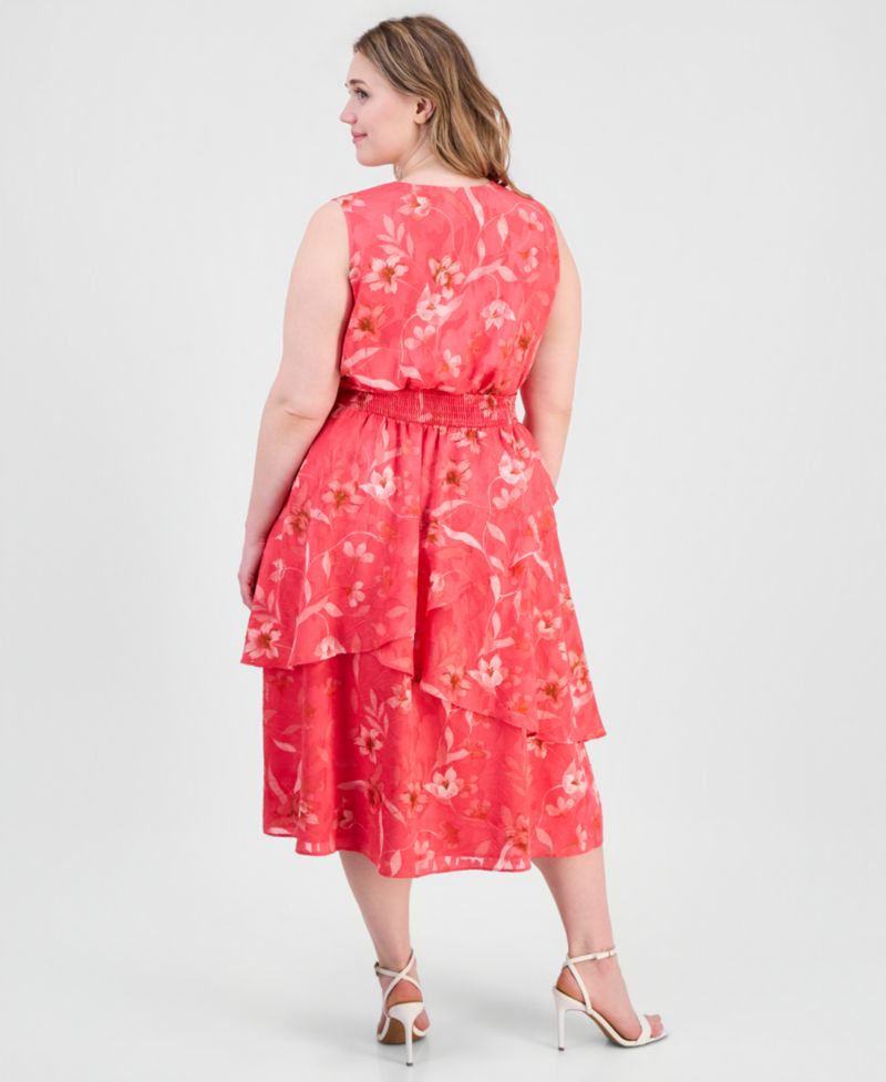 Plus Size Smocked-Waist Tiered Midi Dress