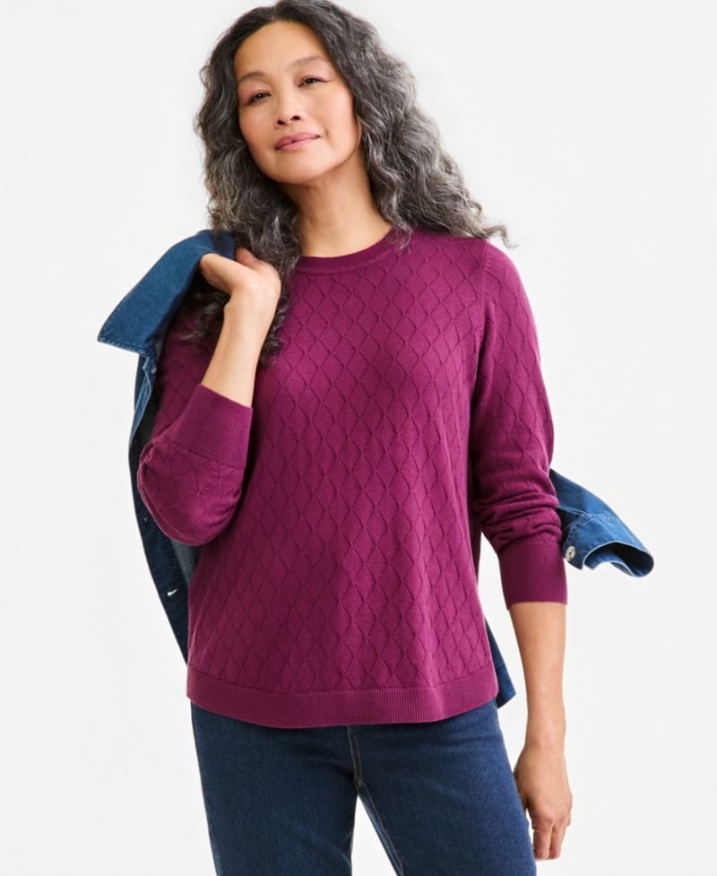 Petite Solid Curved Hem Crew Long-Sleeve Mixed-Textured Stitch Sweater