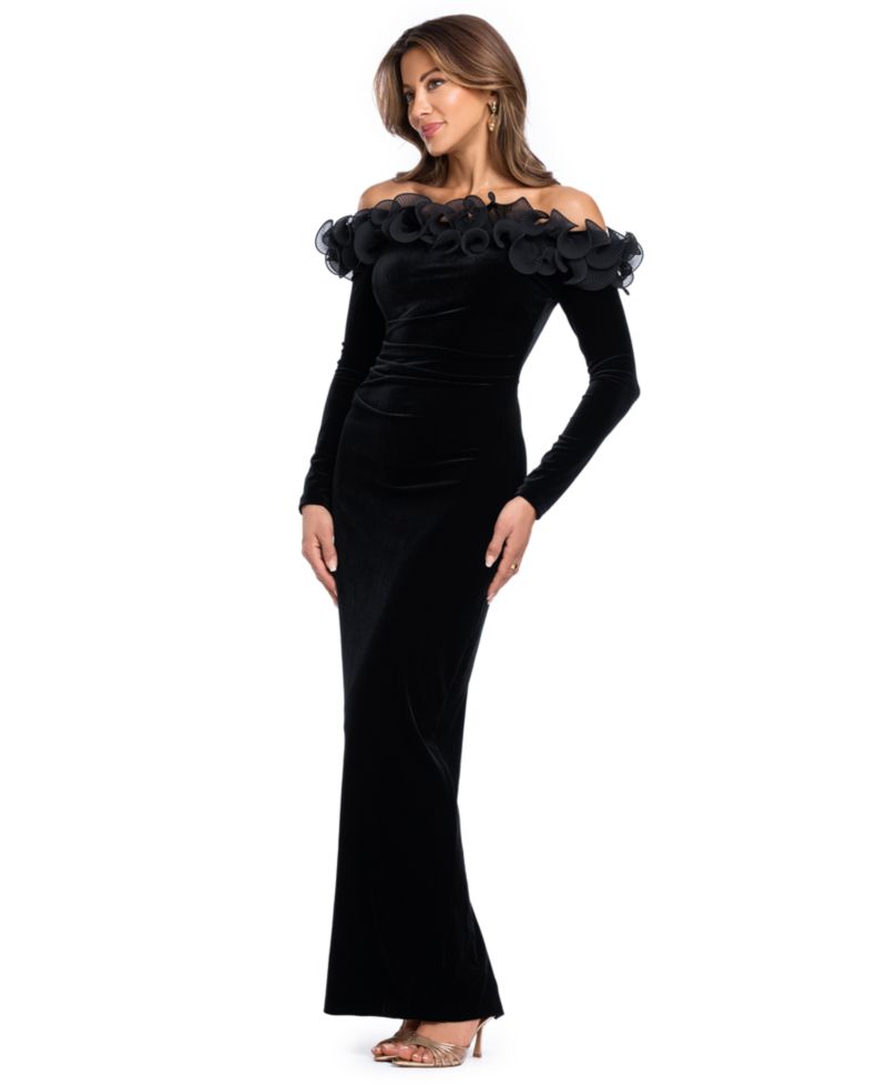 Women's Off-the-Shoulder Velvet Ruffled Gown