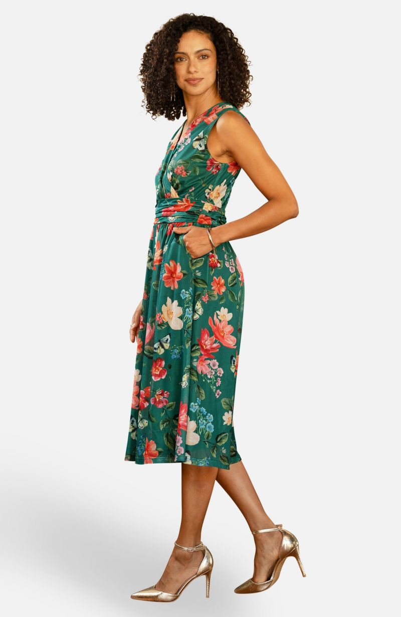 Women's Floral Print Mesh Stretch Midi Dress