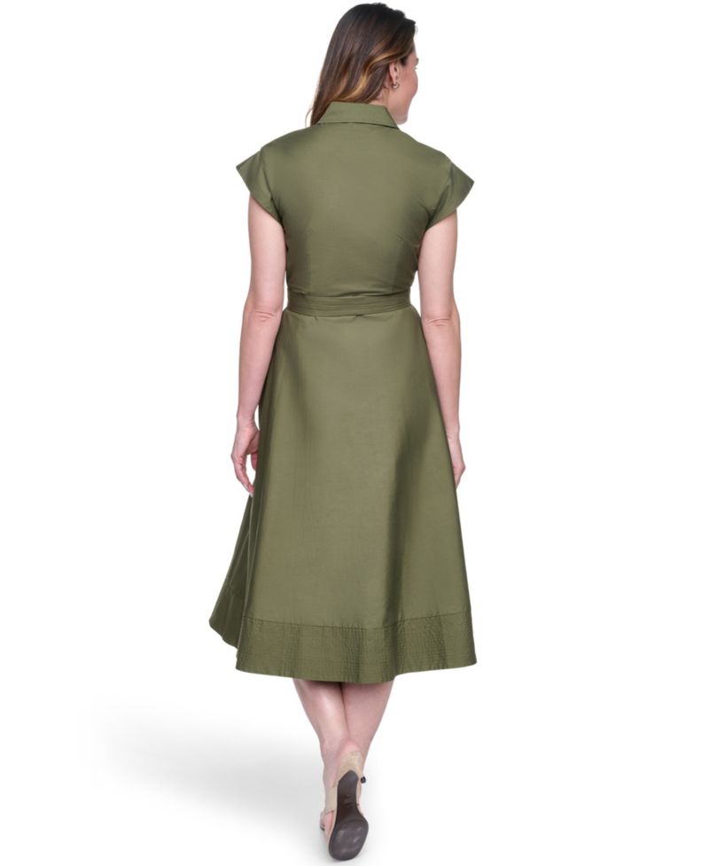 Petite Trapunto Stitch Collared Button-Down Midi Shirt-Dress