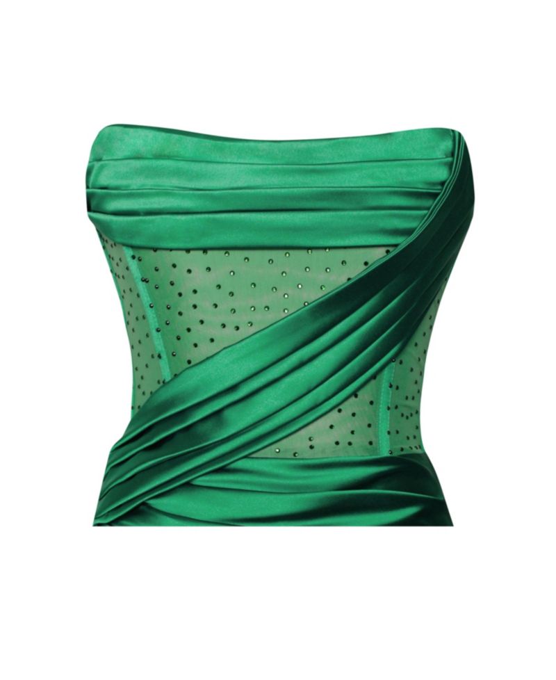 Women's Holly Green Crystallized Corset High Slit Satin Gown