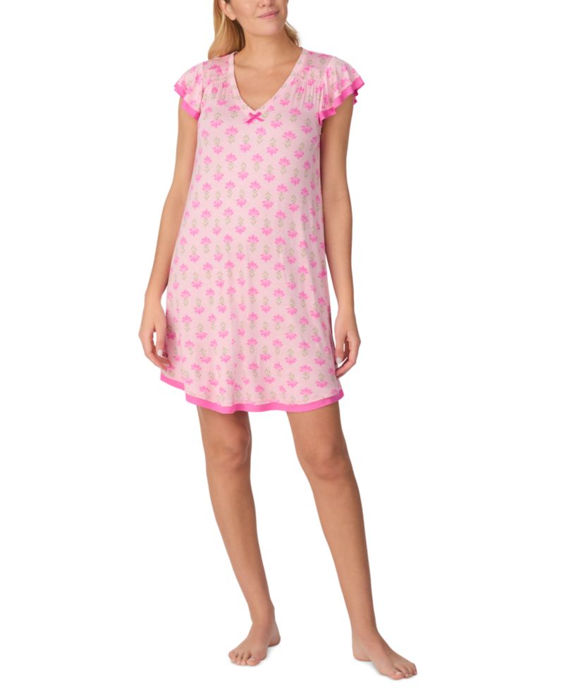 Women's Short Flutter-Sleeve Floral Jersey Chemise