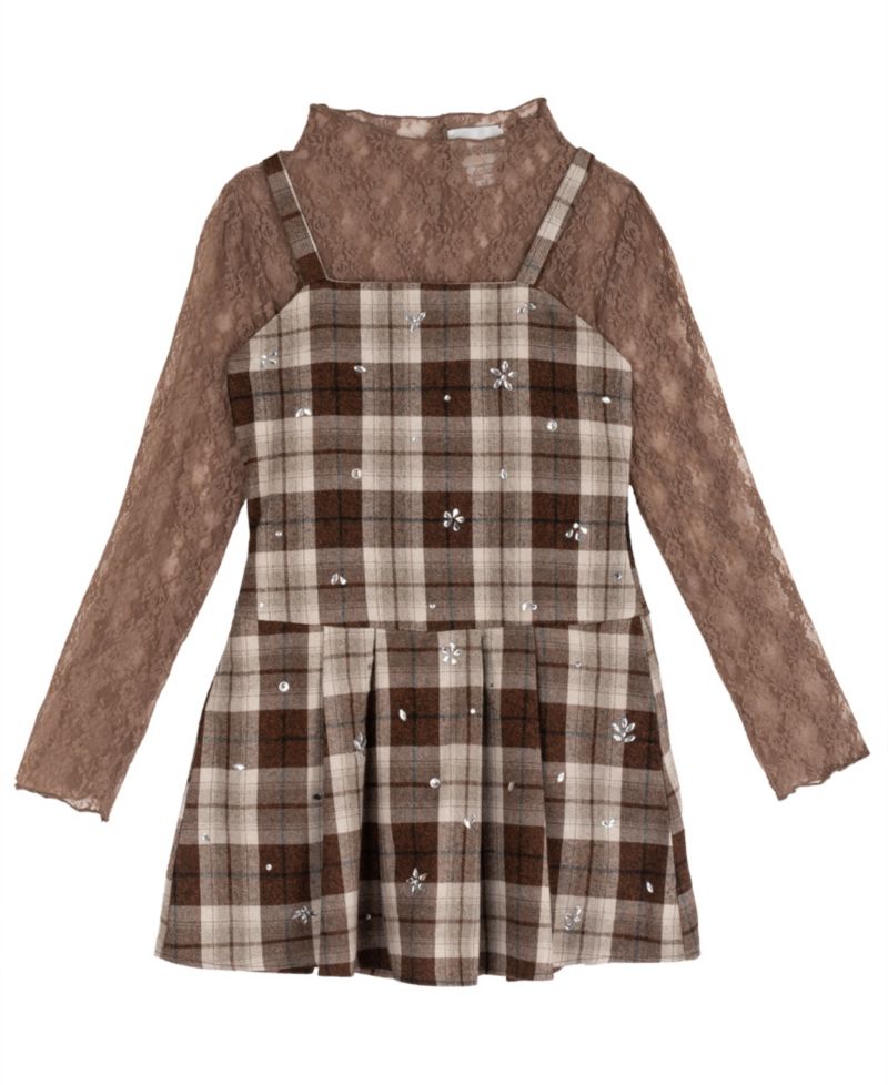 Girls' 7-16 Rhinestone Plaid Jumper and Lace Top, 2-Piece Set